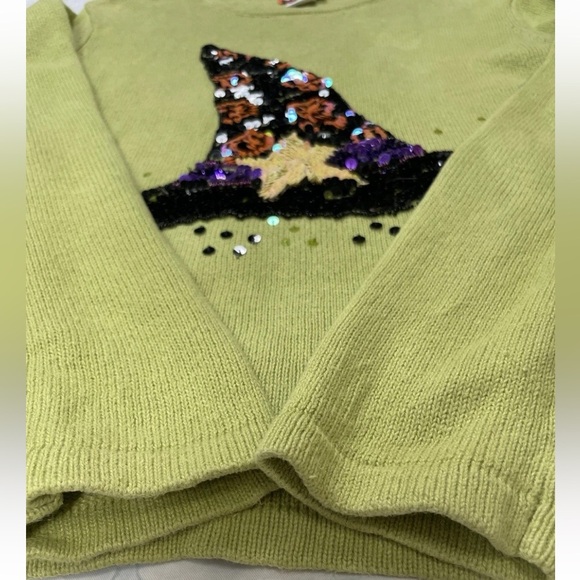 Peek A Boo Halloween Sequin Witches Hat Lime Green Pullover Sweater Women’s S - Picture 12 of 16